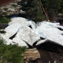 Dicks Lake trail - collapsed snow bridge, and snag across trail.